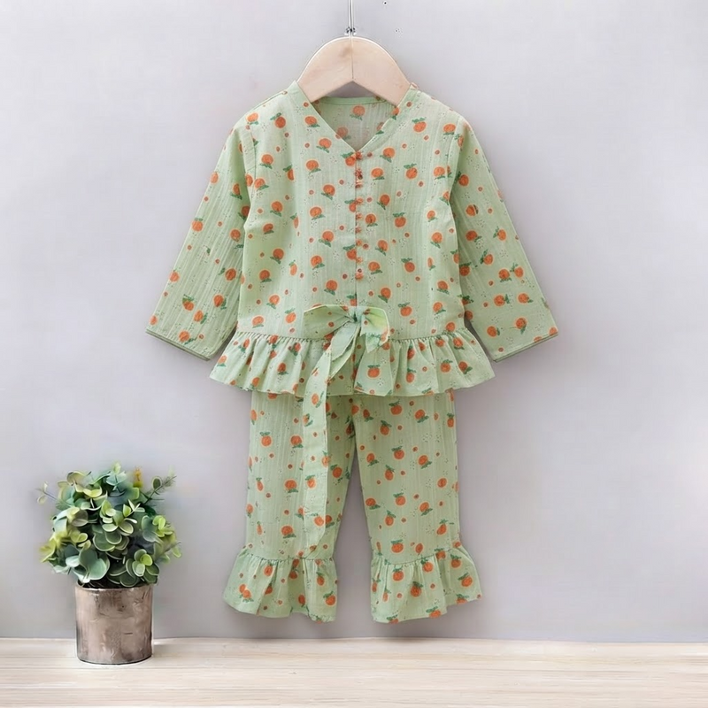 GIRLS CHERRY PRINT PIPIN WITH FRILL SET & SUIT