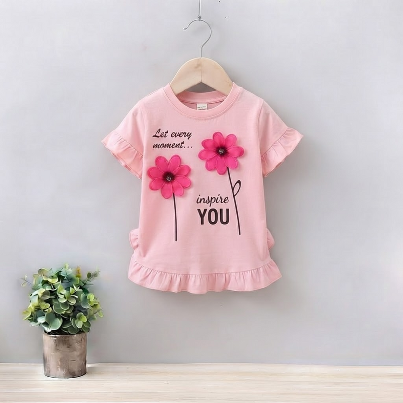 GIRLS JERSEY ROUND NECK FRILL  T-SHIRTS (3D FLOWERS)