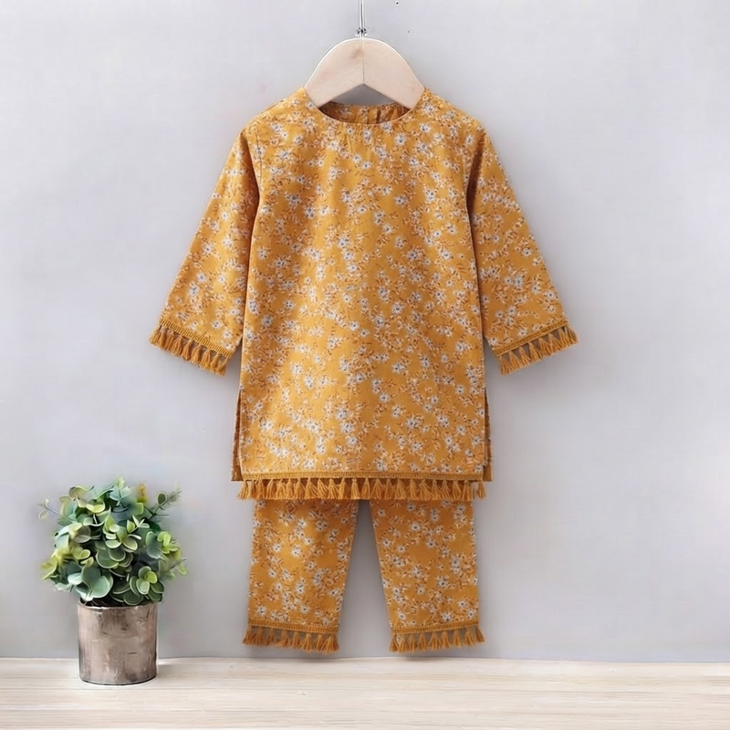 GIRLS COTTON MUSTARD FLORAL PRINT WITH TESELS LACE SET & SUIT