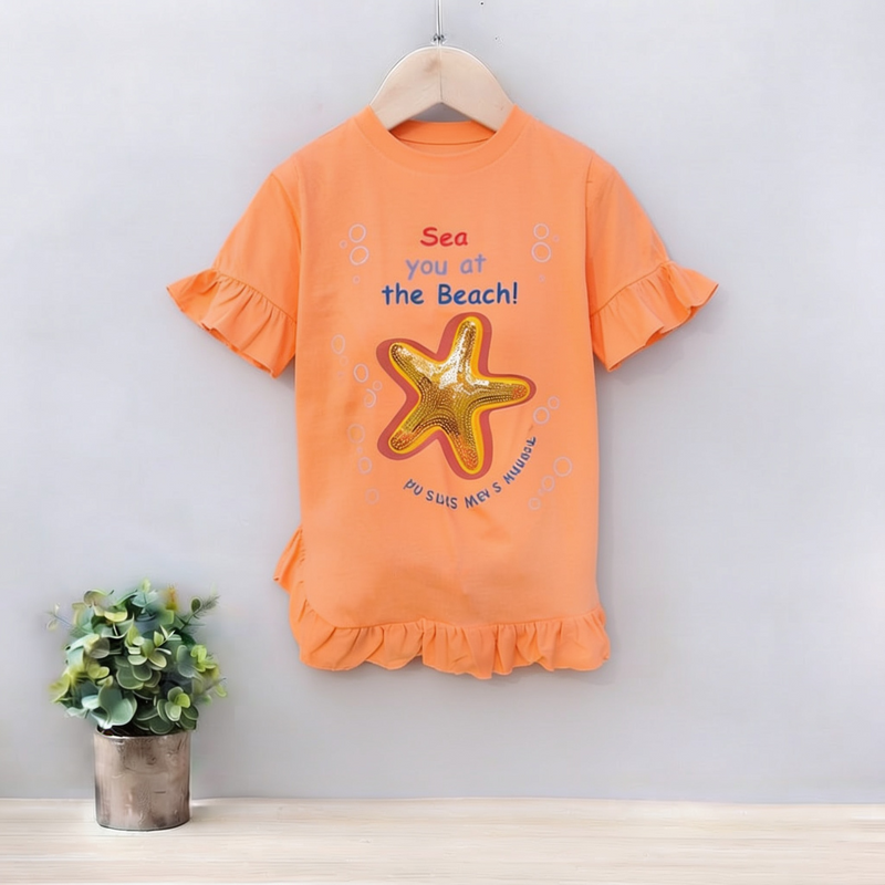 GIRLS JERSEY ROUND NECK FRILL T-SHIRTS (SEQUENS STAR)