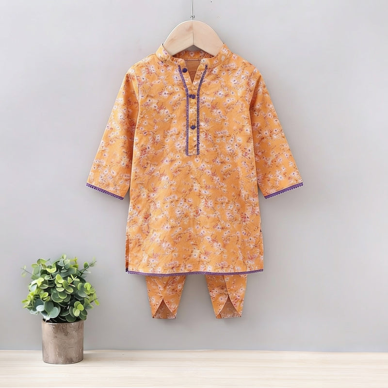 GIRLS COTTON MUSTARD FLORAL PRINT SET & SUIT