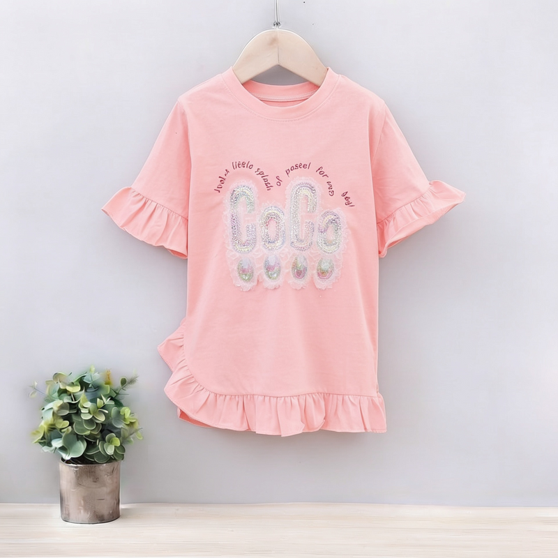 GIRLS JERSEY ROUND NECK FRILL T-SHIRTS (COCO SEQUENS)