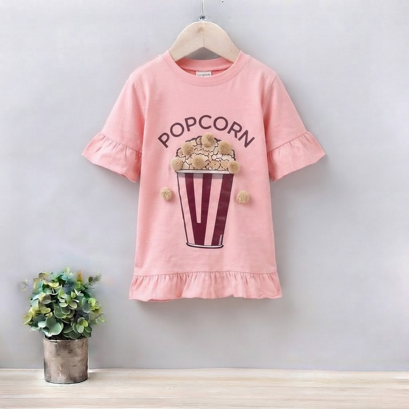 GIRLS JERSEY ROUND NECK FRILL T-SHIRTS (POPCORN)