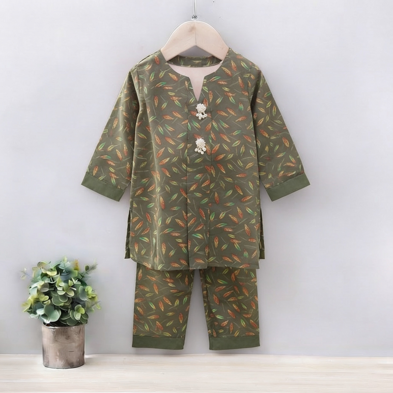 GIRLS COTTON LEAF PRINT SET & SUIT