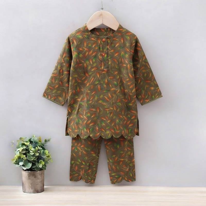 GIRLS COTTON LEAF PRINT SET & SUIT