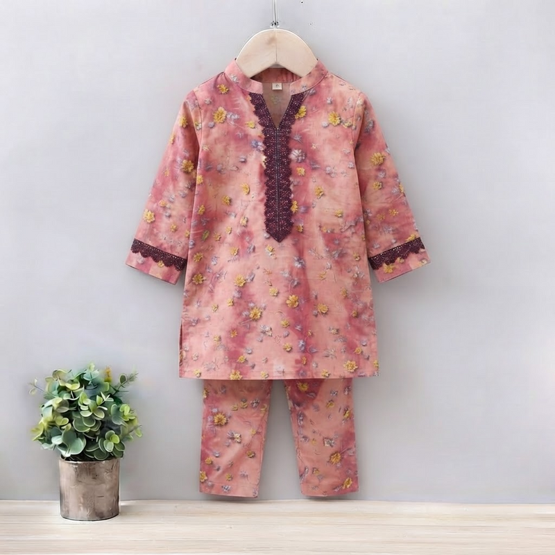 GIRLS COTTON FLOWER PRINT WITH LACE SET & SUIT