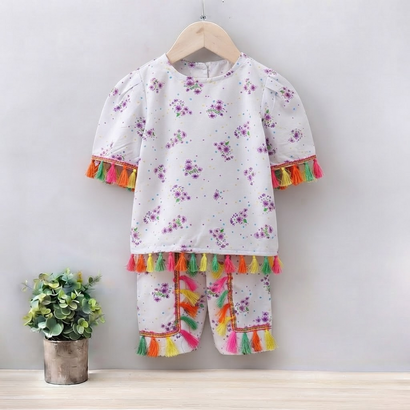 GIRLS FLOWER PRINT WITH MULTI LACE SET & SUIT