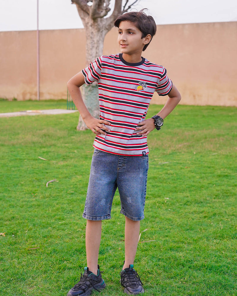 BOYS JERSEY ROUND NECK  STRIPES T-SHIRTS (6SM LOGO)