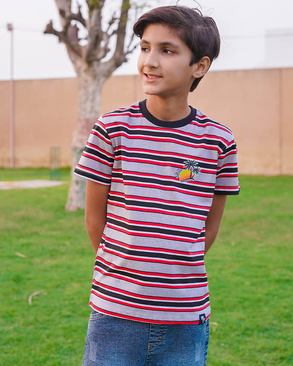 BOYS JERSEY ROUND NECK  STRIPES T-SHIRTS (6SM LOGO)
