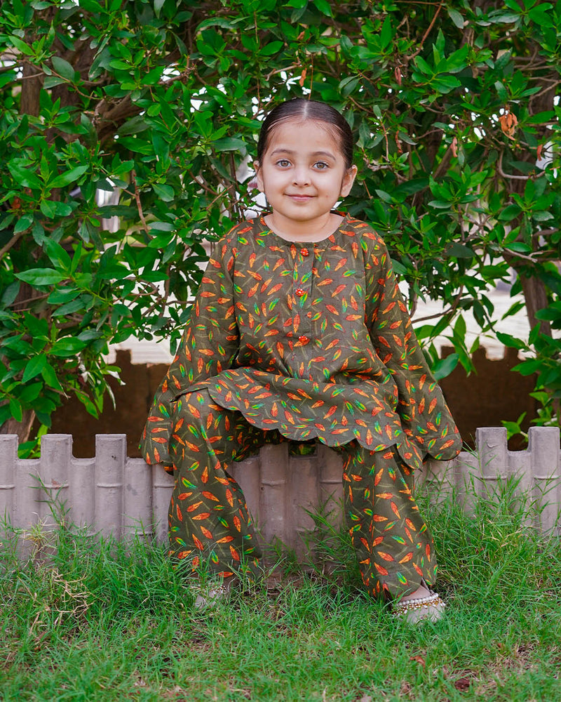 GIRLS COTTON LEAF PRINT SET & SUIT