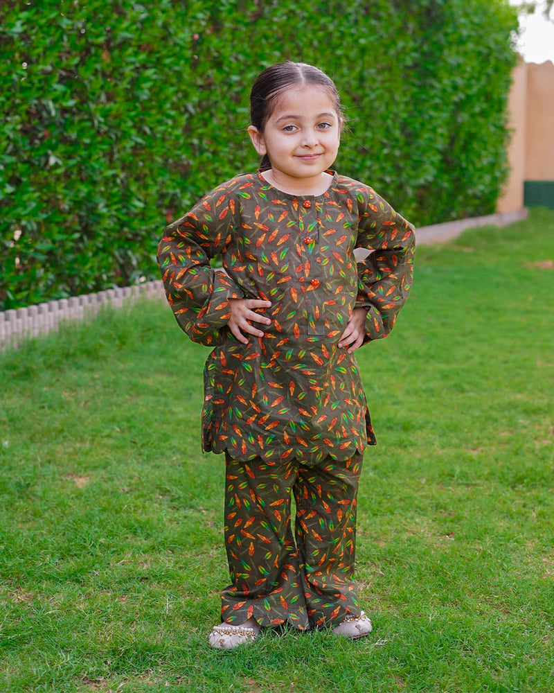 GIRLS COTTON LEAF PRINT SET & SUIT