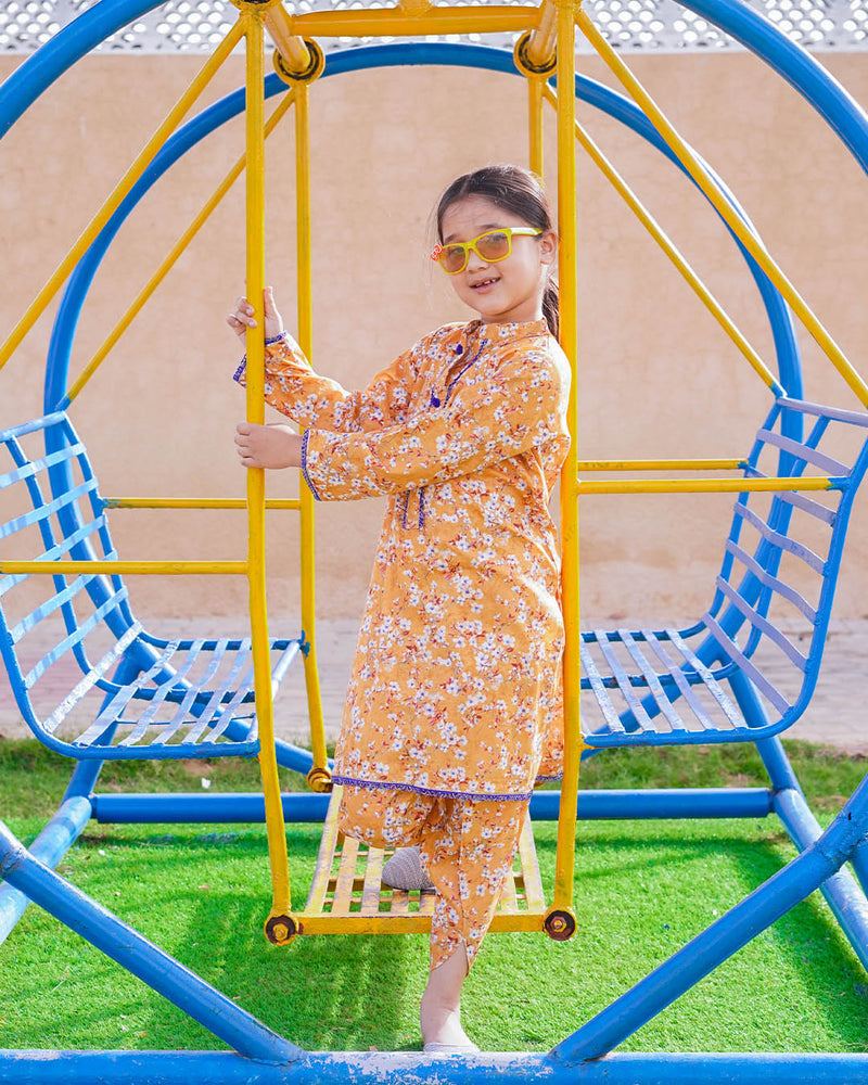 GIRLS COTTON MUSTARD FLORAL PRINT SET & SUIT