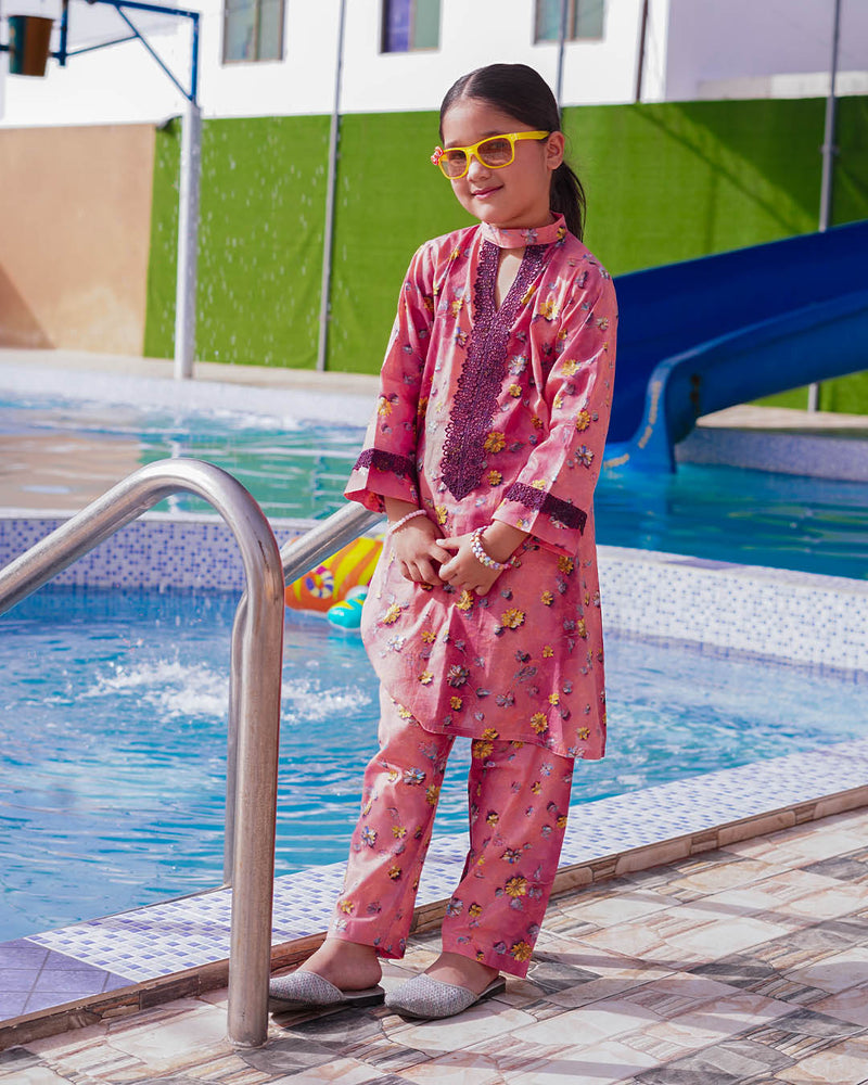 GIRLS COTTON FLOWER PRINT WITH LACE SET & SUIT