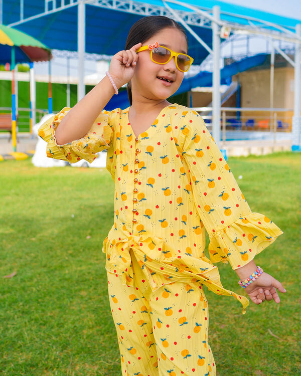 GIRLS CHERRY PRINT PIPIN WITH FRILL SET & SUIT