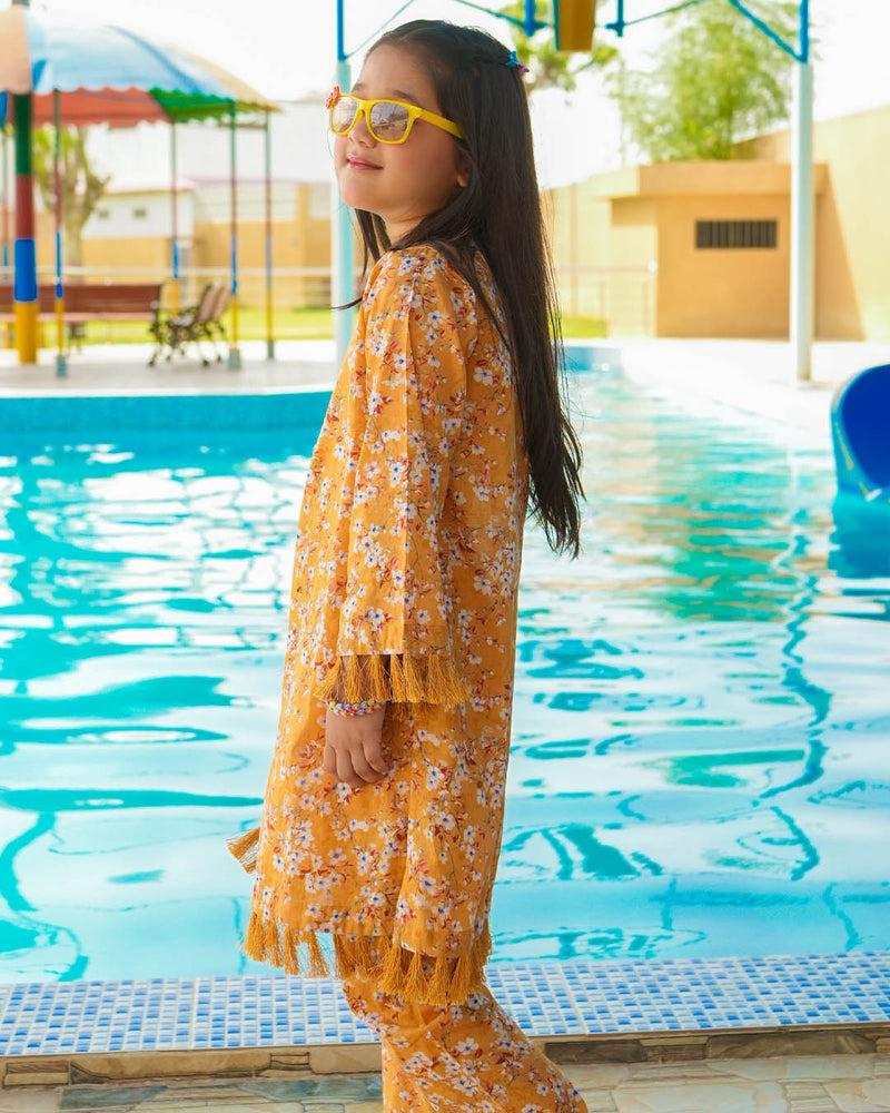 GIRLS COTTON MUSTARD FLORAL PRINT WITH TESELS LACE SET & SUIT