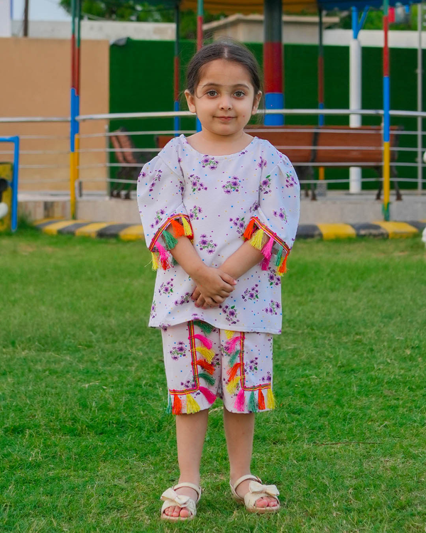 GIRLS FLOWER PRINT WITH MULTI LACE SET & SUIT