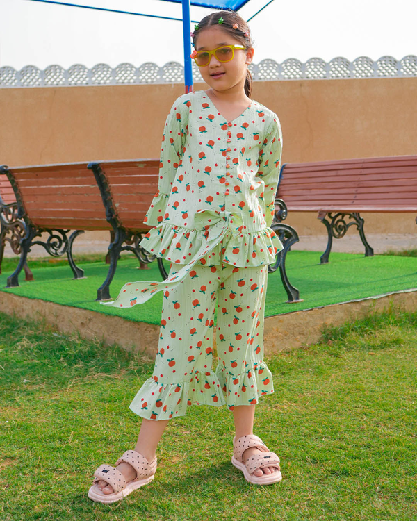 GIRLS CHERRY PRINT PIPIN WITH FRILL SET & SUIT