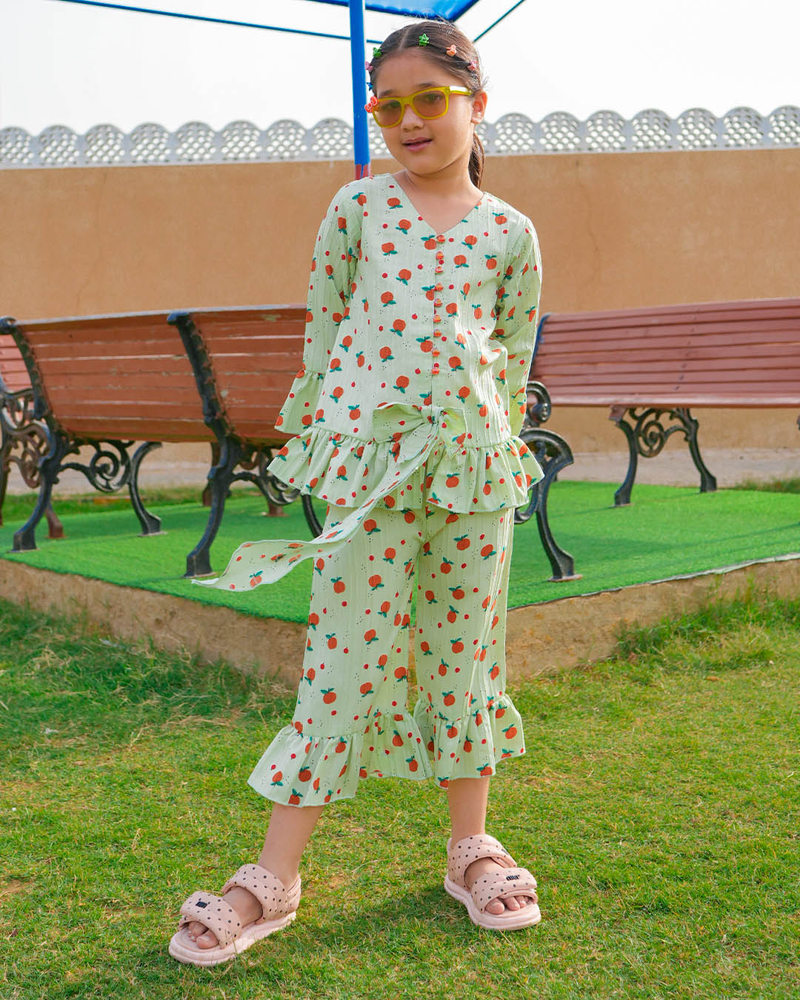 GIRLS CHERRY PRINT PIPIN WITH FRILL SET & SUIT