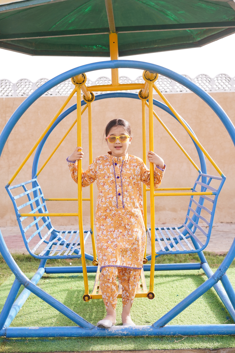 GIRLS COTTON MUSTARD FLORAL PRINT SET & SUIT