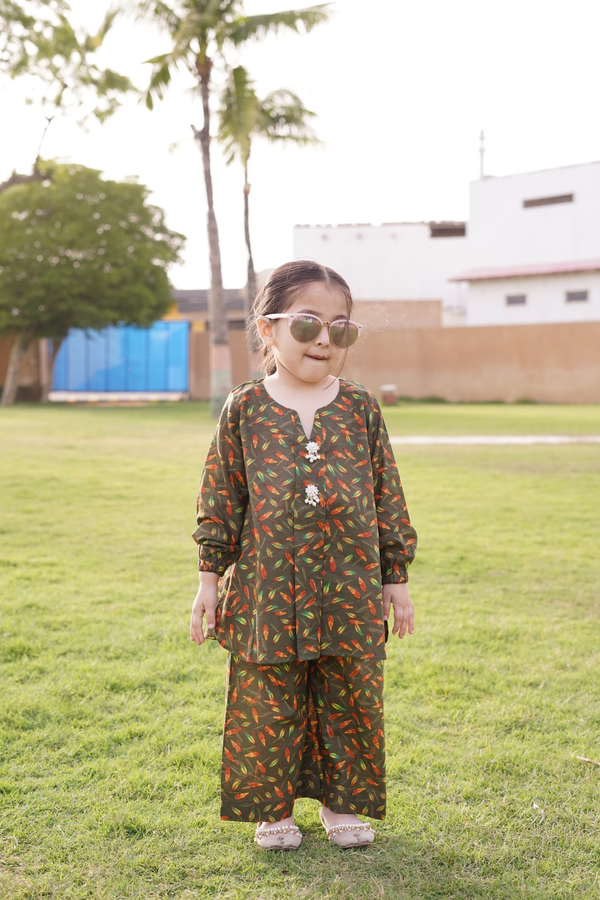 GIRLS COTTON LEAF PRINT SET & SUIT