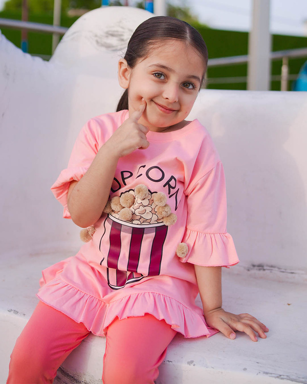 GIRLS JERSEY ROUND NECK FRILL T-SHIRTS (POPCORN)