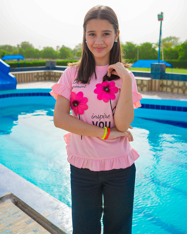 GIRLS JERSEY ROUND NECK FRILL  T-SHIRTS (3D FLOWERS)