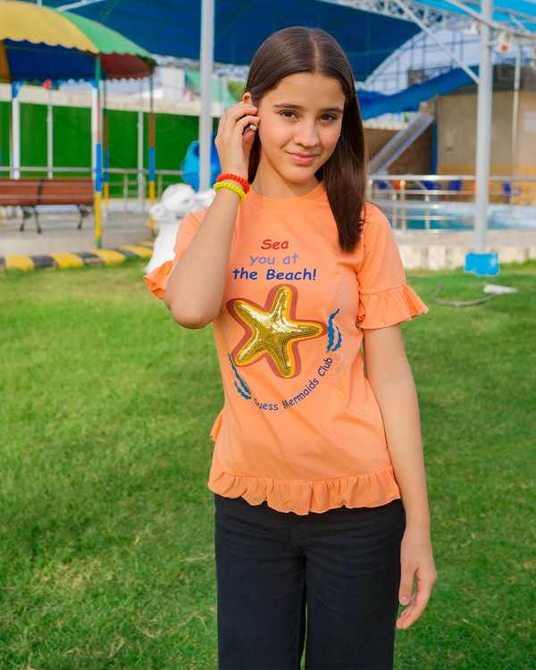 GIRLS JERSEY ROUND NECK FRILL T-SHIRTS (SEQUENS STAR)