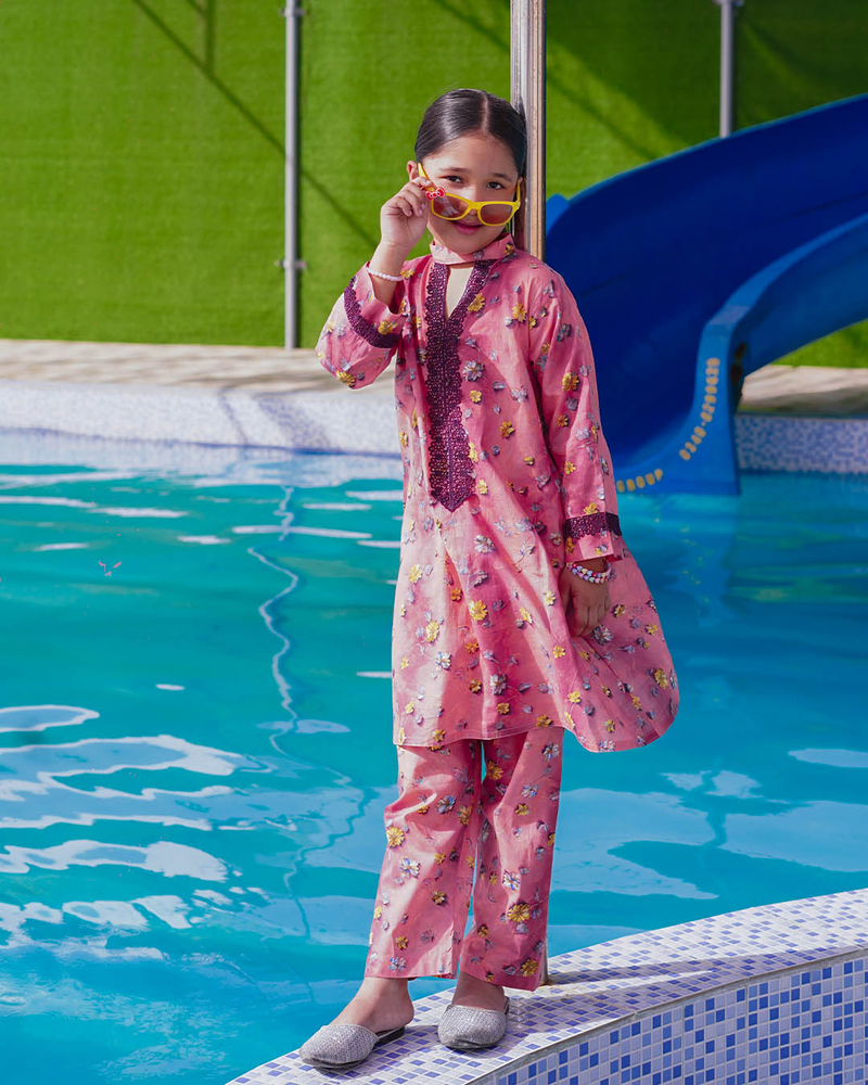 GIRLS COTTON FLOWER PRINT WITH LACE SET & SUIT